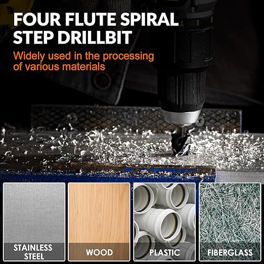 THINKWORK Four Spiral Flute Step Drill Bit, HSS Step Drill Bit 1/4"-3/4" (9 Steps) Unibit Step Drill Bit, 1/4" Shank Step Bits for Aluminum, Wood, Plastic, Metal