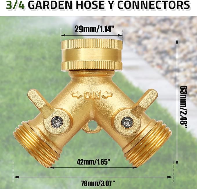 Biaungdo 2 Way Connector Garden Hose Splitter, 3/4 Garden Hose Y Splitter, Solid Brass Hose Adapter Y Valve Spigot Faucet Adapter with Faucet Watering Shut Off Valves