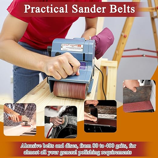 4 x 36 Inch Alumina Sanding Belts (80/120/150/240/400 Grits) and 6 Grits 6-Inch Self Stick No Hole Sanding Disc 11PCS Set for Aluminum Oxide Sanders, Sandpaper for Wood Metal Stainless Steel