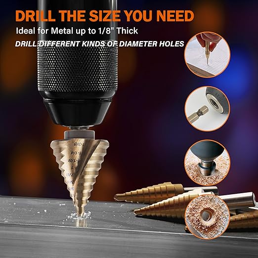 KENDO Two Spiral Flute Cobalt Step Drill Bits with Automatic Center Punch, 5PCS M35 High Speed Steel Unibit Step Bits, Total 50 Sizes, 1/4" Hex Shank, Ideal for Metal, DIY Lovers with Aluminum Case