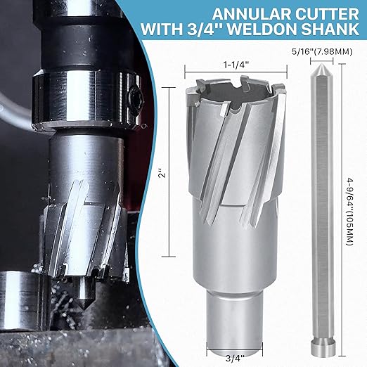 KEENTECH Carbide-Tipped Annular Cutter, 1-1/4" Diameter x 2" Depth, 3/4" Weldon Shank (2 Flat), High Speed Cutting TCT Mag Drill Bit with Pilot Pin for Harder Material, Stainless Steel, Cast Iron