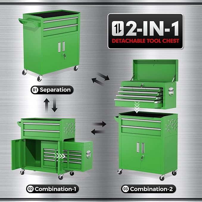 INTERGREAT Tool Chest, Assembled Tool Cabinet with 8 Drawers, Detachable Organized Tool Chests, Lockable Tool Cabinet for Workshop, Warehouse, Mechanics Garage (Green)
