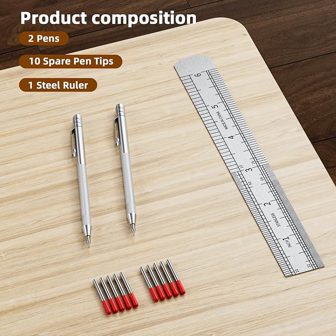 2-Pack Tungsten Carbide Scriber, Metal Scribe Tool with 25 Replacement Marking Tips & Steel Ruler - Knurled Aluminum Handle & Magnet, Engraving Pen for Glass/Ceramics/Metal Sheet (2)