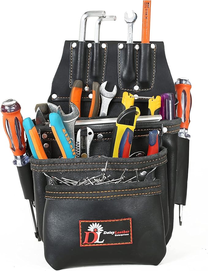 Daisy Leather PRO DL-101 Oil tanned Premium 25 pockets Heavy duty Tool Belt, Carpenter belt Pouch for Construction, Carpenter, Craftsman and Electricians workers, Black, X-Large