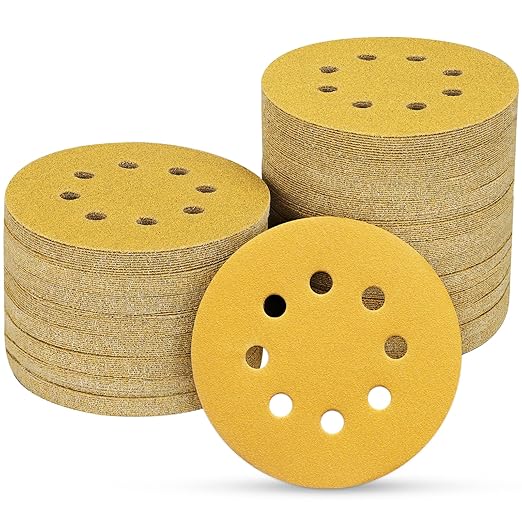 100PCS 5 Inch 8 Hole Sanding Discs 180 Grit,Gold Round Hook and Loop Sandpaper for Random Orbital Sander