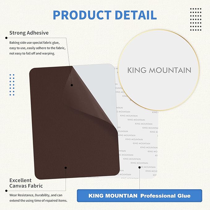 KING MOUNTAIN Canvas Repair Patch 9 x11 Inch 2 Pcs Self-Adhesive Waterproof Fabric Patch for Sofas, Tents, Furniture,Tote Bags, Car Seats (Coffee)