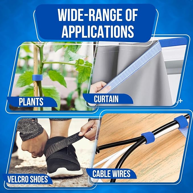 TNP Hook and Loop Tape Strap Cable Ties Fastener (Blue) (15 Feet) - Sticky Self Adhesive Nylon Fabric Roll Wrap 0.75" Wide 5 Yards Reusable for Cutting Custom Length Cord Wire Fastening