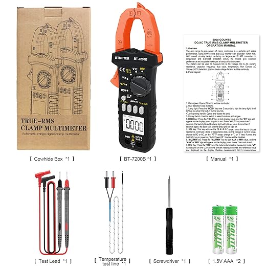 BTMETER BT-7200B TRMS 6000 Counts Clamp Multimeter, Digital Clamp-on Ammeter for AC/DC Current Voltage Resistance Capacitor Frequency Continuity Temperature NCV