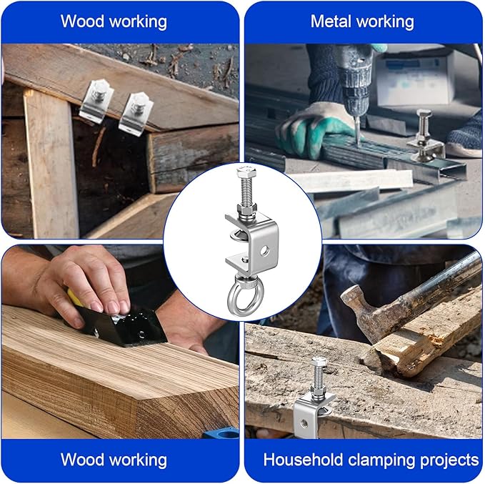 6Pcs C-Clamps, 4.72 Inch Stainless Steel Beam Clamp with M8 Screw Ring, I-Beam Design Clamps for Metal Mounting Welding Building Household Conduit Hanger