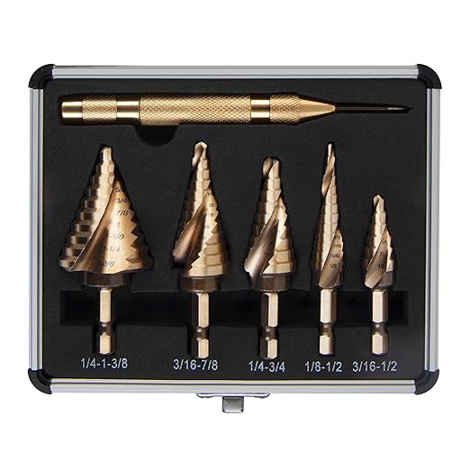 KENDO Two Spiral Flute Cobalt Step Drill Bits with Automatic Center Punch, 5PCS M35 High Speed Steel Unibit Step Bits, Total 50 Sizes, 1/4" Hex Shank, Ideal for Metal, DIY Lovers with Aluminum Case