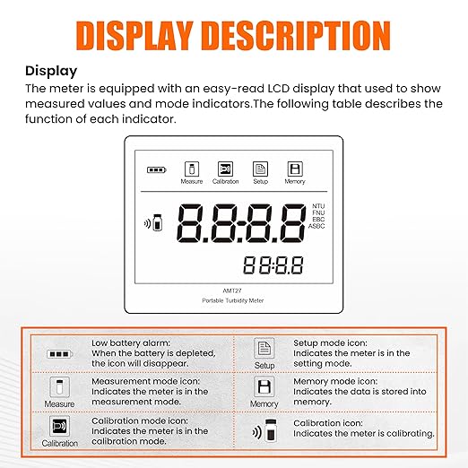 Digital Turbidity Meter with Ranges (0~1100 NTU/FNU, 0~275 EBC, 0~9999 ASBC) Handheld Turbidity Tester with Single & Continuous Modes Turbidity Gauge for Lab Water Treatment (Model AMT27)