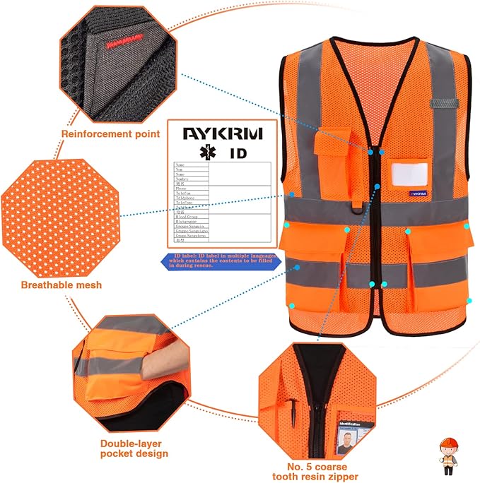A-SAFETY High Visibility Mesh Safety Reflective Vest with Pockets and Zipper,Hi Vis Viz Reflective Safety Vest(Orange Mesh XXXL)