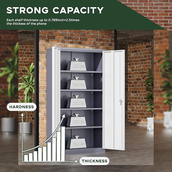 Greenvelly Metal Garage Storage Cabinet, 72" Locking Metal Cabinet with 2 Doors and 4 Adjustable Shelves, Grey White Steel Tool Organization for Home, Office, Garage (36" W x 18" D)