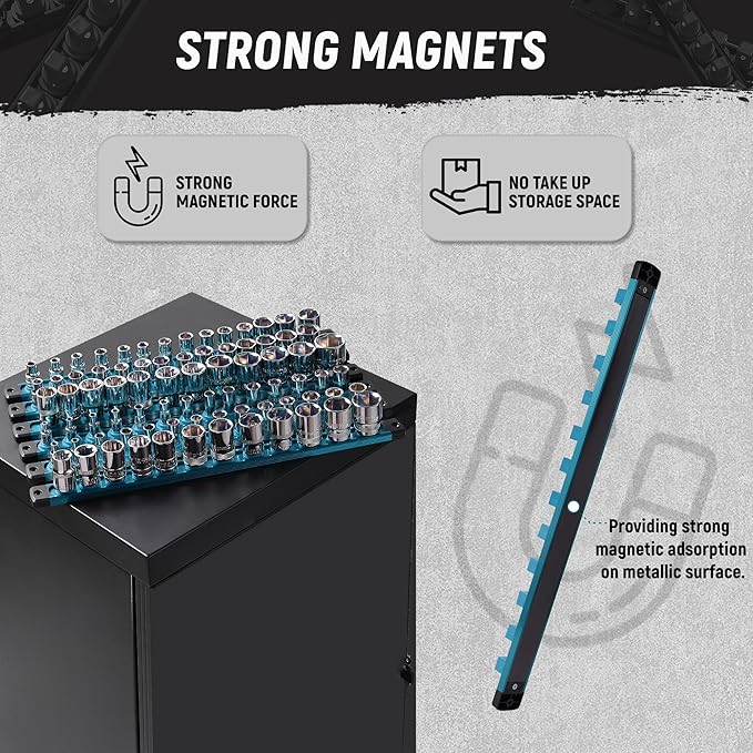 ALOANES Magnetic Socket Organizer, 1/4-Inch Drive Aluminum Socket Holder Socket Tray, Heavy Duty Socket Rail Organizer for Tool Box Drawer, 360°Swivel Clips Socket Rack 1/4-Inch x 14 Clips (Aqua Blue)