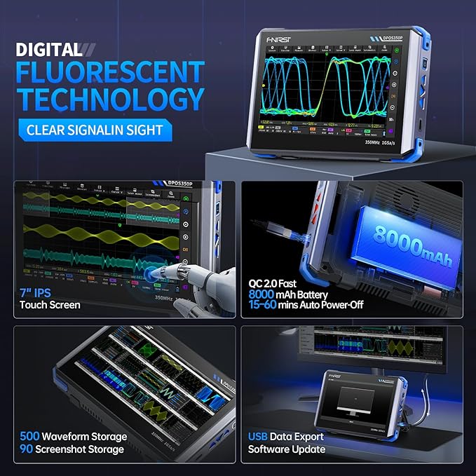 FNIRSI DPOS350P 4-in-1 Tablet Oscilloscope 350MHz, Spectrum Analyzer 200KHz - 350MHz, Frequency Response Analyzer DDS Generator, 2CH Handheld Oscilloscope 1 GSa/s, 7" Touch Screen Digital Phosphor