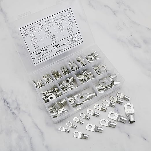 120 Pcs Assorted Heavy Duty Wire Lugs Battery Cable Tinned Copper Eyelets Tubular SC Ring Terminals Connectors with Spy Hole Assortment Kit