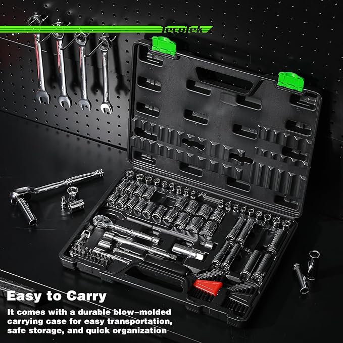 94pcs 1/4" & 3/8" Drive Socket Set, Socket Wrench Set with Ratchet Handle, Extention Bar, Adapter, Screwdriver Bit Set, Spark Plug Socket, CR-V, Metric/SAE, Deep/Shallow, Mirror Chrome Finish