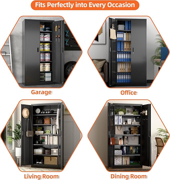 Aobabo 71" H×34" W×18" D Metal Storage Cabinet with Pegboards, Locking Steel Storage Cabinet with 5 Adjustable Shelves and 4 Hooks for Garage, Office, Black, Assembly Required