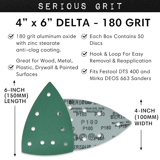 180 Grit 4" x 6" Delta (100mm x 150mm) Triangle Sanding Sheets - Fits Festool DTS 400 & Mirka DEOS Delta Sanders - Heavy-Duty Hook & Loop Film Sandpaper for Detail Sanders - 50 Pack Box