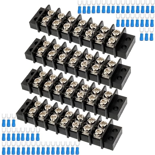 7 Circuits 7 Positions Terminal Block 20-30A 200-450V Dual Row Screw Terminals Strip with 56 PCS Heat Shrink Wire Fork Connectors(Pack of 4pcs)