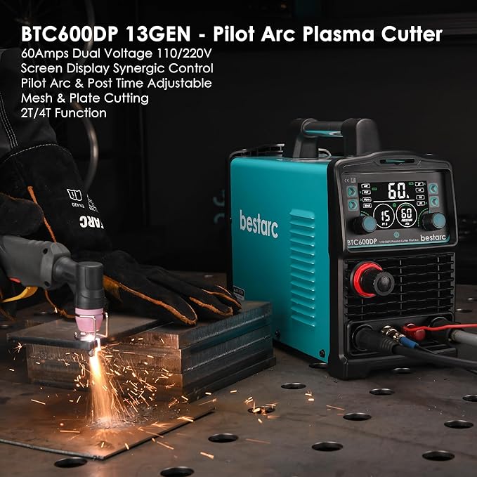 Plasma Cutter, [Pilot Arc][Large LED Display][Air Sensor] 60A bestarc Plasma Cutter Machine 110/220V Dual Voltage, 1/2 Inch Clean Cut 4/5 Inch Max Cut, Post Flow Mesh, 2T/4T for Beginners DIY