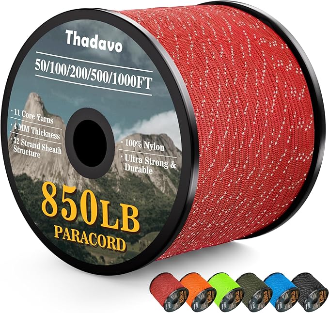 850Ib Reflective Paracord Rope, 50/100/200/500/1000ft 4MM 11 Strand Cords Lanyard Utility Parachute Cord for Tent Camping Hiking Fishing Survival Tactical Clothesline DIY Projects, Red 100FT
