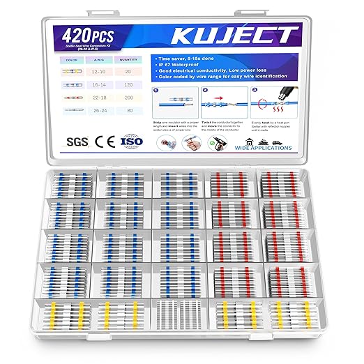 Kuject 420PCS Solder Seal Wire Connectors, Self-Solder Heat Shrink Butt Connector Sleeve Waterproof Insulated Electrical Butt Splice Wire Terminals for Marine Automotive Boat Wire Joint