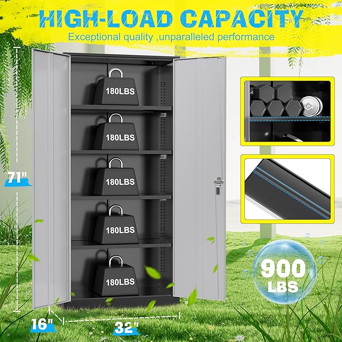Pataku Metal Storage Cabinet, 71" Garage Cabinet with Doors and Shelves Lockable Steel Multifunctional Cabinets, File Cabinets for Home, Office, Warehouse(Black Grey)