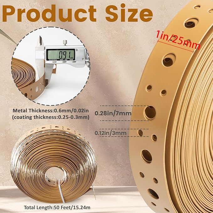 Brown Metal Strap 1-Inch x 50FT 0.6mm Thickness Galvanized Pipe Hanger Strap Metal Strapping with Holes Plumbers Strap DIY Cutting for HVAC & Pipe support