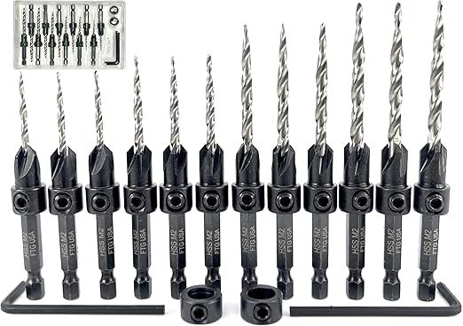FTG USA Countersink Drill Bit Set for Wood with Tapered Drill Bit - #4 (7/64"), #6 (9/64"), #8 (11/64"), #10 (3/16")