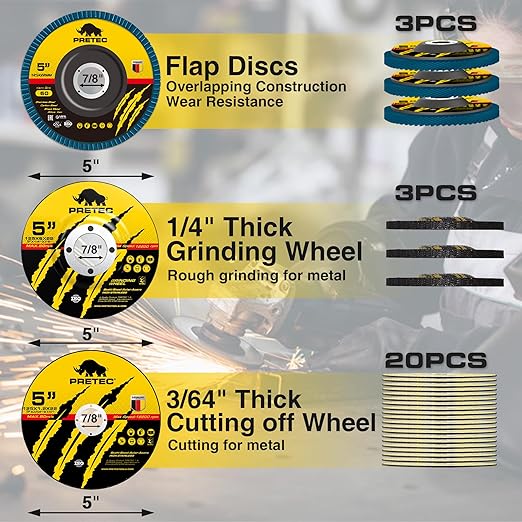 Grinding Cutting Wheels 5 inch Set - PRETEC 5" 20 Cut Off Wheels, 3 Grinding Wheels, and 3 Flap Discs for Angle Grinder Cutting and Grinding 5"x 1/24" x 7/8", 20+3+3 PCS, Brown