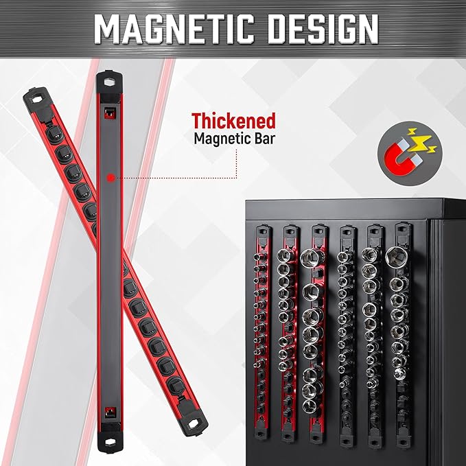 ALOANES 3/8-Inch Drive Magnetic Socket Organizer, Heavy Duty Aluminum Socket Rail Organizer, 360° Swivel Clips Socket Holder Kit for Tool Box, 3/8-Inch Socket Holder x 14 Clips (Red)