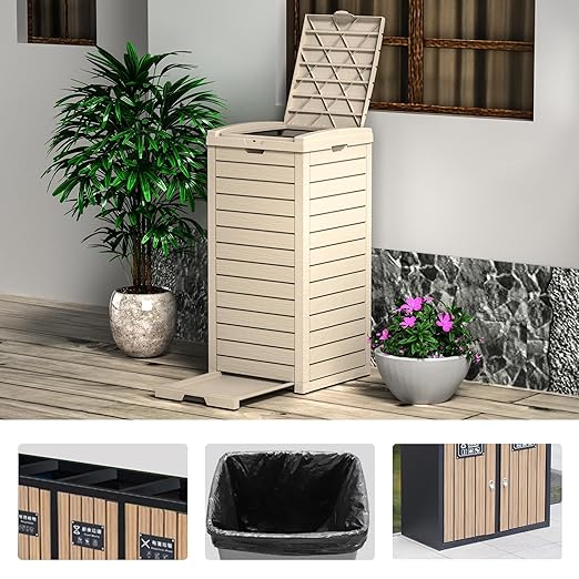 Vixzen 38Gallon Outdoor Trash Can with Lid,Waterproof Resin Waste Bin,Lightweight,Large Sturdy Garbage Bin for Patio,Kitchen,Backyard,Light Brown
