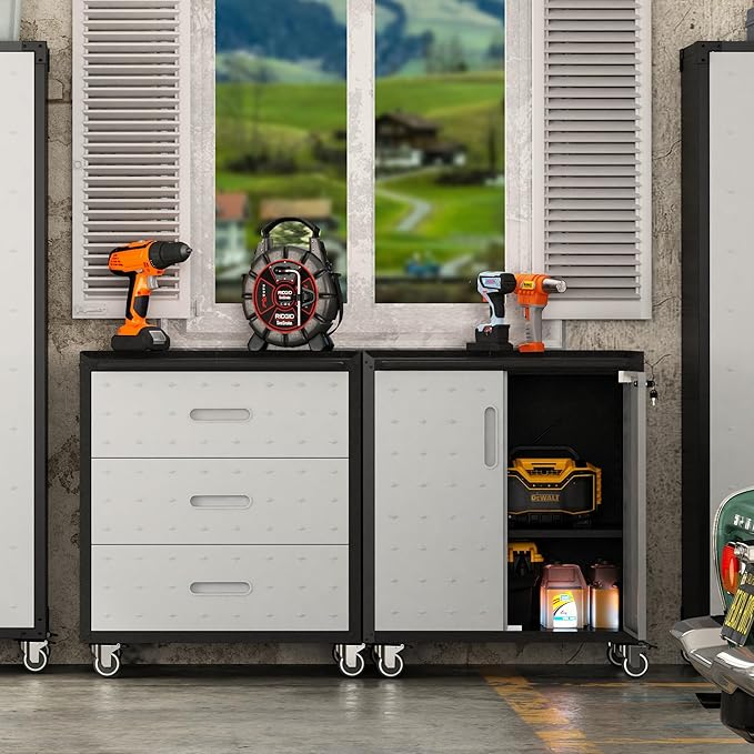 Garage Tool Storage Cabinet,Mobile Heavy Duty Metal Tool Chests & Cabinets with Lockable Doors,Black Rolling Tool Cabinets with Wheels,Assembly Required