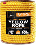 Yellow Twisted Polypropylene Rope, 7/8" Thickness x 600' Length Heavy Duty Poly Ropes for Outdoor and Marine Use, Yellow Rope for Visibility & Safety