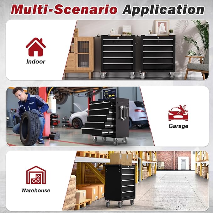 Rolling Tool Chest with Drawers, 5 Drawers Tool Chests & Cabinets, Metal Toolbox with Wheels, Lockable Storage Cabinet, Garage Tool Box with Drawers (Black, 5 Drawers)