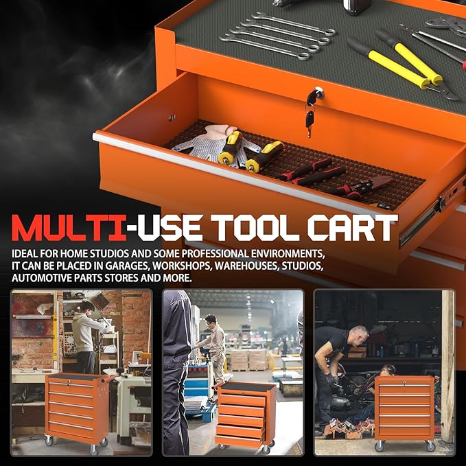 5-Drawer Rolling Tool Box, Metal Tool Chest with Wheels and Locking, Portable for Warehouse, Garage, Repair Shop, Workshop (Orange, 5-Drawer)