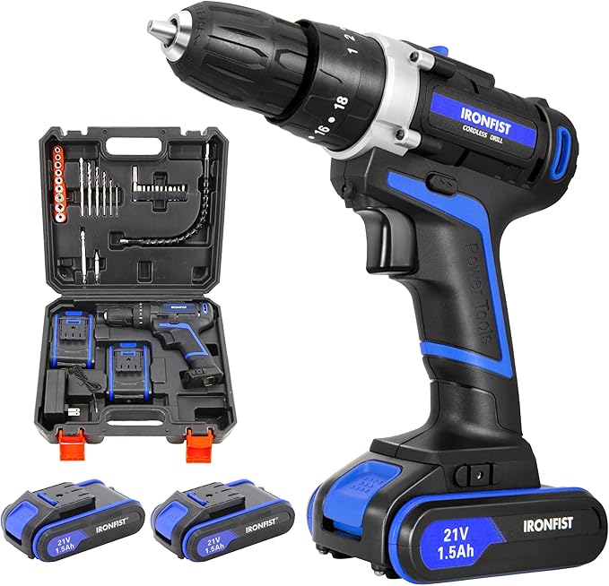 Cordless Drill, 2 Variable Speed Impact Driver 45Nm Torque, 3/8" Keyless Chuck Drill/Driver Sets, 2 Batteries and Charger