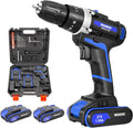 Cordless Drill, 2 Variable Speed Impact Driver 45Nm Torque, 3/8" Keyless Chuck Drill/Driver Sets, 2 Batteries and Charger