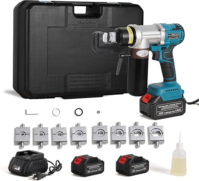 Electric Hydraulic Cable Lug Crimping Tool 12 AWG to 2/0 AWG Rechargeable Hydraulic Electrical Terminal Cable Lug Wire Crimping Crimper Tool Kits with 8 Dies