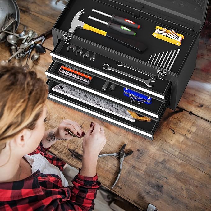 Goplus Tool Box with 3 Drawers, 4-Tier 20" Portable Tool Chest Organizer with Top Tool Tray, Auto Lock, Protective Liner, Handle, Steel Metal Small Toolbox for Gargae, Workshop, Home