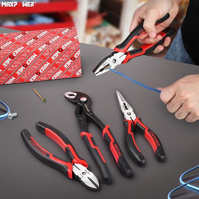 MAXPOWER 4-Piece Pliers Set: 8" Lineman, Diagonal Cutters, Needle Nose, 10" Water Pump Pliers