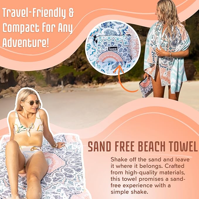 Sand Free Beach Towel, Quick Dry, Lightweight and Compact with Storage Bag, 160x90cm, Made from Recycled Bottles for Beach, Pool, Travel, Swimming and Outdoor Use (Sound of Summer)