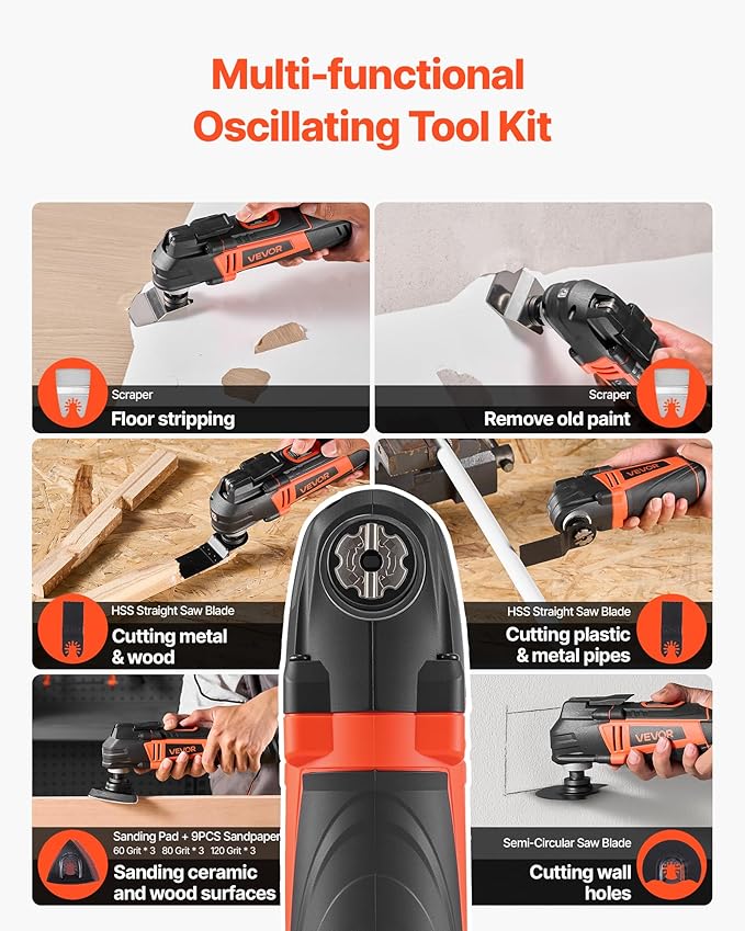 VEVOR Multitool Oscillating Tool, 4Amps Electric Oscillating Multi Tool Corded with 6 Variable Speeds 7000-19000 OPM, 3.2° Oscillating Angle, 13PCS Saw Accessories, LED Work Light & Tool Bag