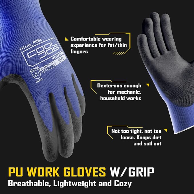 COOLJOB 60 Pairs Safety Work Gloves Pack Bulk with Grip PU Coating, 13 Gauge Seamless Knit Gloves with Polyurethane Dipped for Warehouse Working, Breathable Lightweight for Men Women, Blue Large