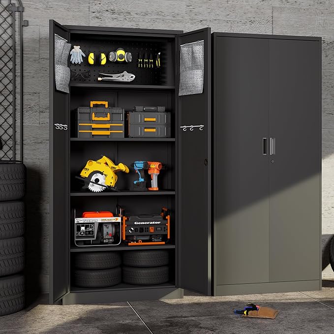 Big Metal Garage Storage Cabinet with Locking Doors, Lockable Heavy Duty Metal Tool Cabinet with Pegboard, Metal Utility Cabinet for Home, Office, Garage and Workshop, Black
