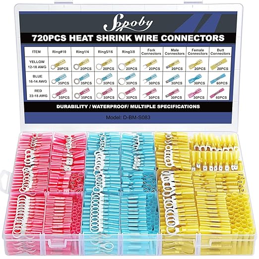720PCS Marine Grade Heat Shrink Wire Connectors, Sopoby Electrical Connectors Kit of Tinned Red Copper, Waterproof Crimp Insulated Ring Fork Spade Butt Splice AWG 22-10