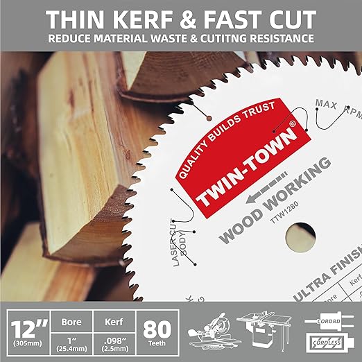 TWIN-TOWN 12-Inch 80-Tooth ATB Fine Finish Wood Cutting Circular Saw Blade, 1 Inch Arbor, Compatible with Table and Miter Saws, Premium Quality Woodworking Saw Blade