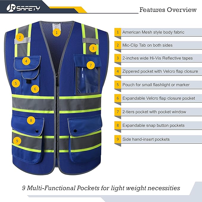 JKSafety 9 Pockets Hi-Vis Zipper Front MESH Neon Blue Safety Vest with Fluorescent Yellow Extended Trim outling the Reflective Tapes Meet ANSI/ISEA Standards (100-Mesh-Blue, 5X-Large)