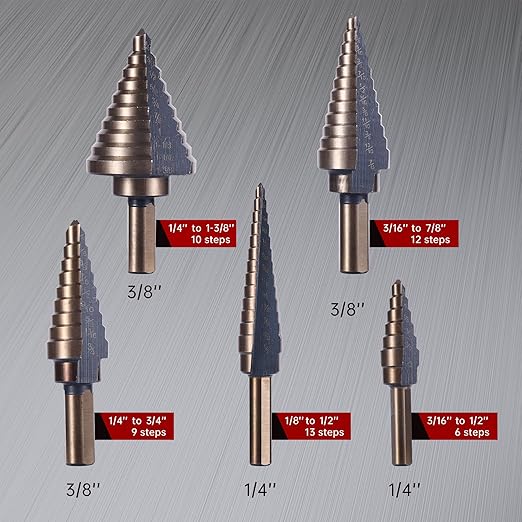 Step Drill Bits, 6PCS (50 Sizes) HSS Step Unibit Drill Bit Set with Auto Center Punch Black and Gold, Double Cutting Blades HSS Drill with Aluminum Case, Multi-Hole Stepped Up Bits for DIY